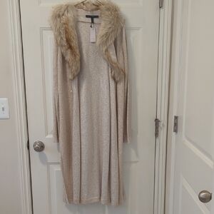 White House Black Market Beige Cardigan with Faux Fur Collar